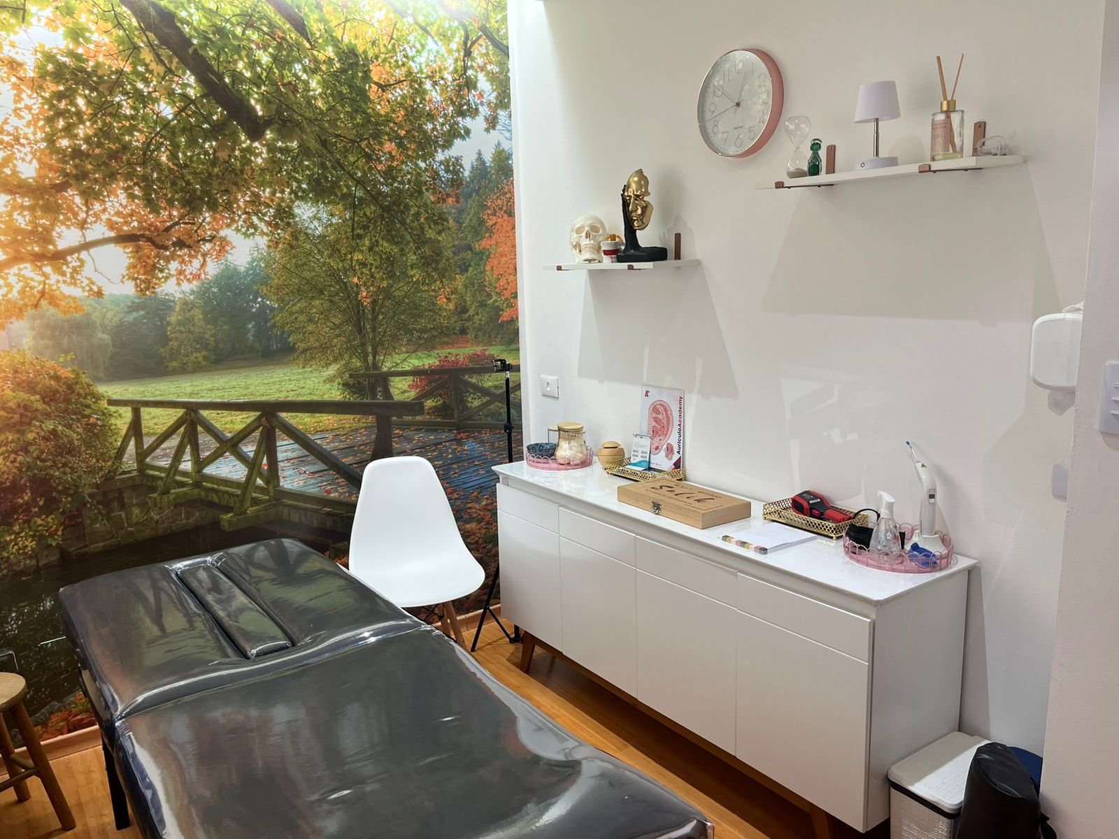 Interior da Clínica Ferrari - Ambiente acolhedor com macas de tratamento e decoração relaxante